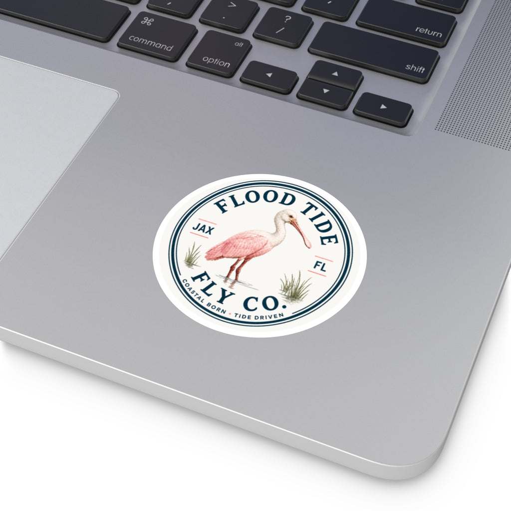 Flood Tide Fly Co. Round Sticker — Pink Spoonbill Coastal Sticker (JAX FL)
