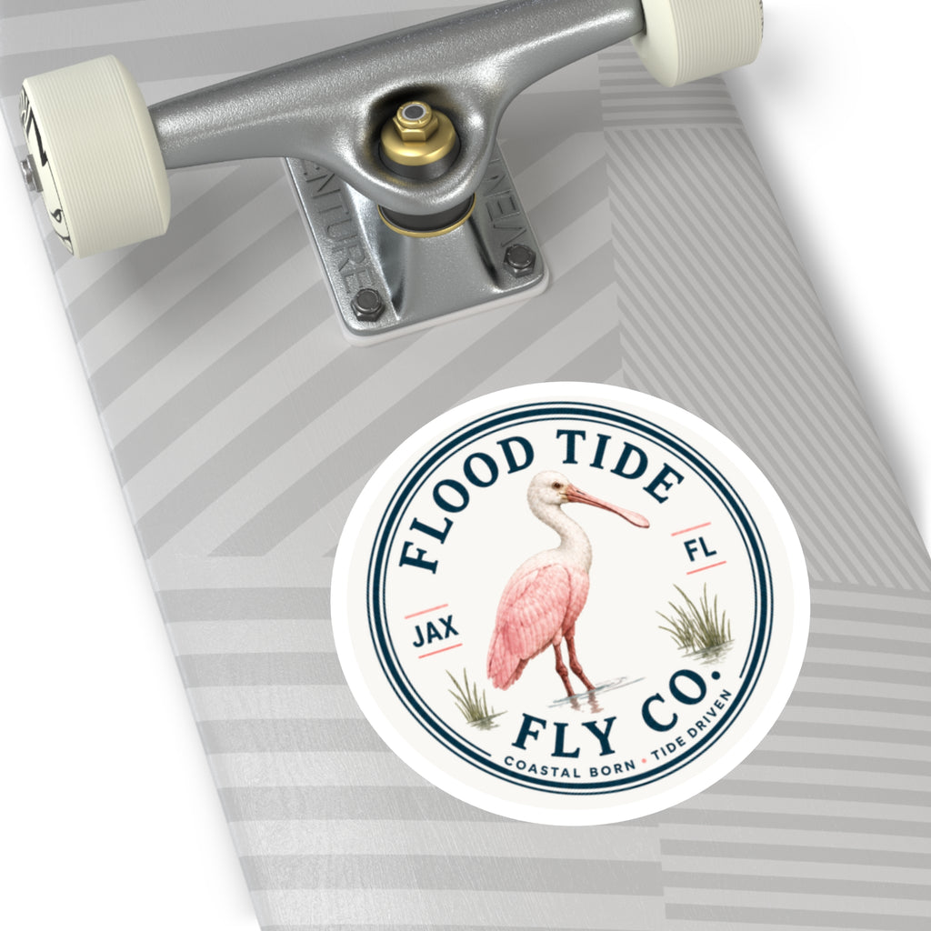 Flood Tide Fly Co. Round Sticker — Pink Spoonbill Coastal Sticker (JAX FL)