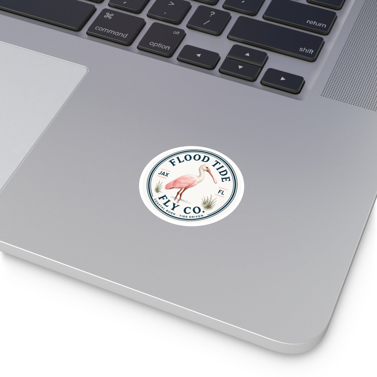 Flood Tide Fly Co. Round Sticker — Pink Spoonbill Coastal Sticker (JAX FL)