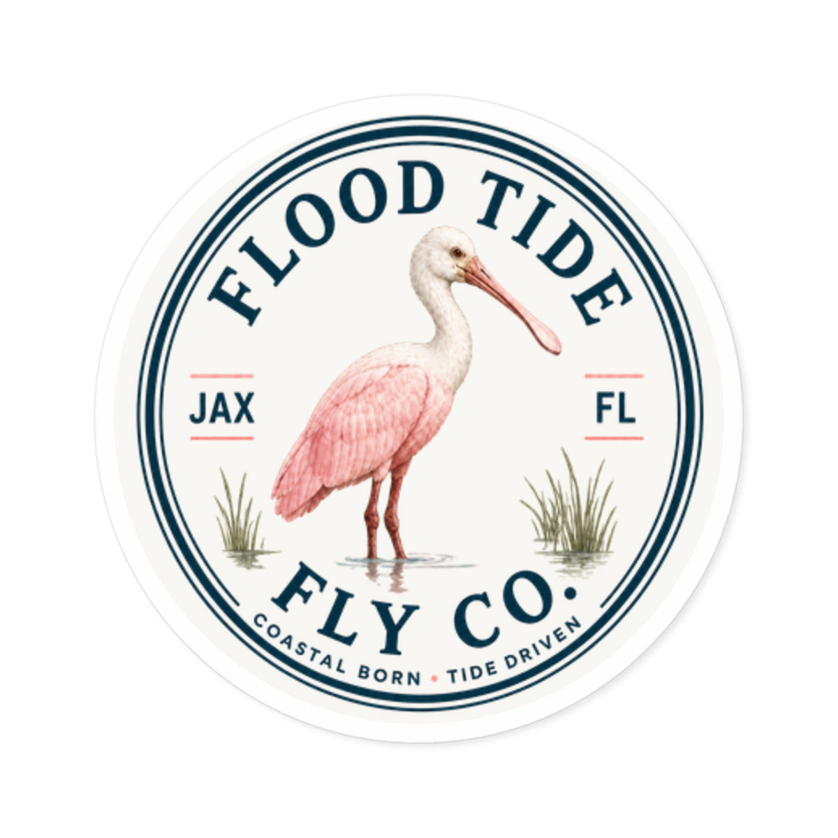 Flood Tide Fly Co. Round Sticker — Pink Spoonbill Coastal Sticker (JAX FL)