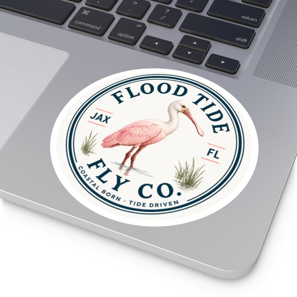 Flood Tide Fly Co. Round Sticker — Pink Spoonbill Coastal Sticker (JAX FL)