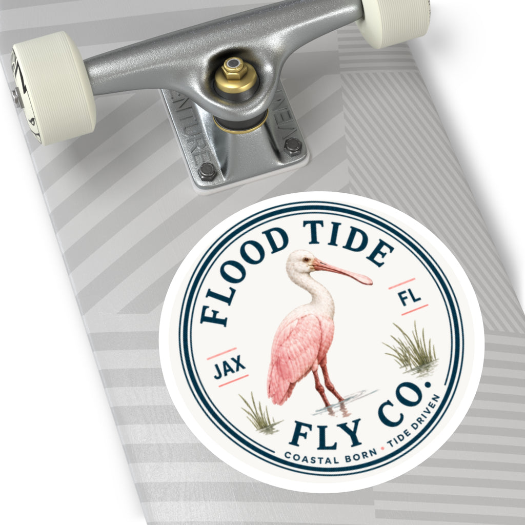 Flood Tide Fly Co. Round Sticker — Pink Spoonbill Coastal Sticker (JAX FL)