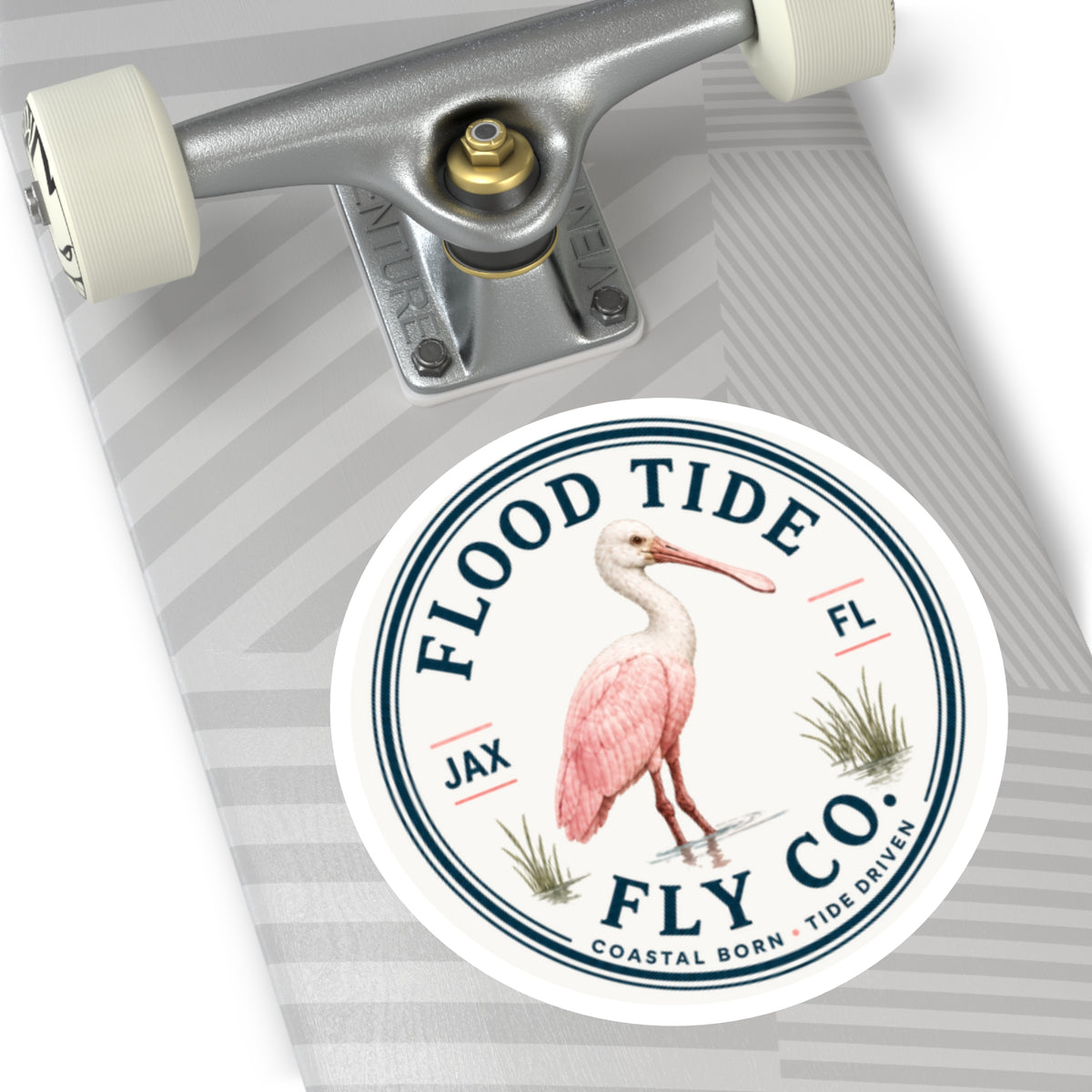 Flood Tide Fly Co. Round Sticker — Pink Spoonbill Coastal Sticker (JAX FL)