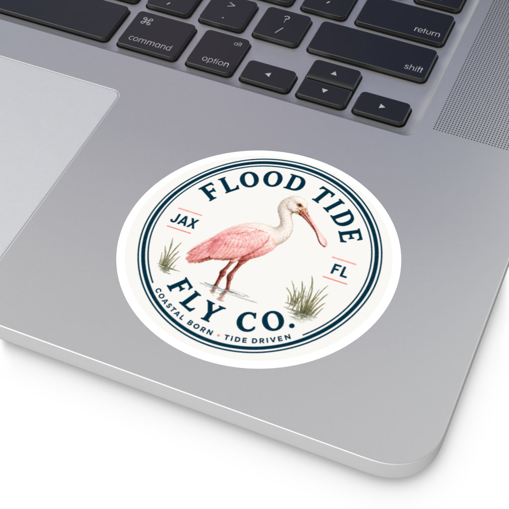 Flood Tide Fly Co. Round Sticker — Pink Spoonbill Coastal Sticker (JAX FL)
