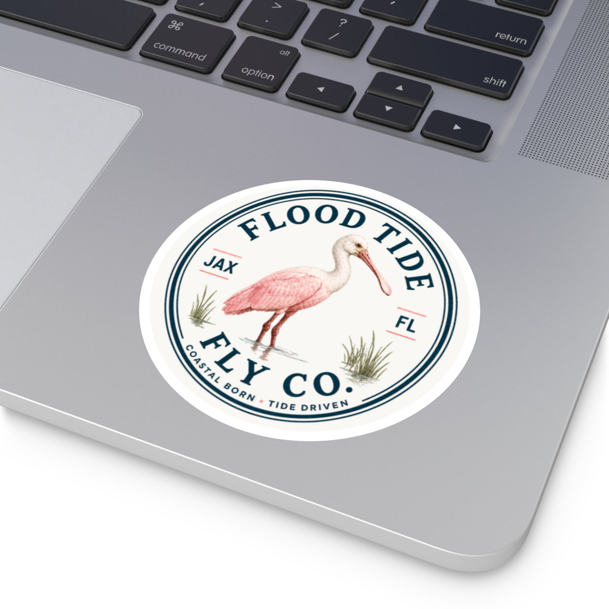 Flood Tide Fly Co. Round Sticker — Pink Spoonbill Coastal Sticker (JAX FL)