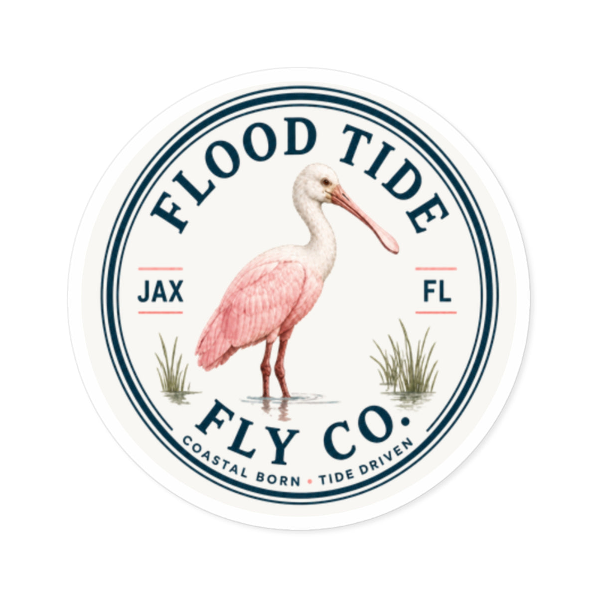 Flood Tide Fly Co. Round Sticker — Pink Spoonbill Coastal Sticker (JAX FL)