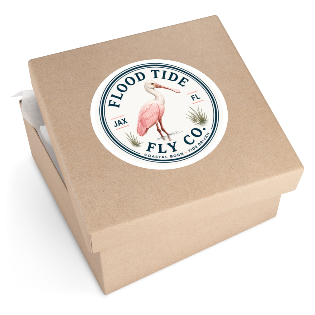 Flood Tide Fly Co. Round Sticker — Pink Spoonbill Coastal Sticker (JAX FL)